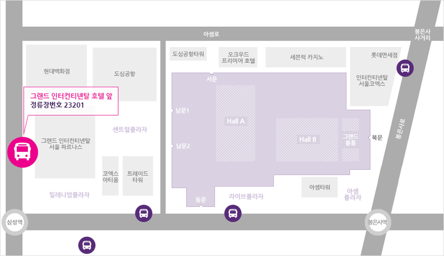 그랜드 인터컨티넨탈 호텔(삼성역 5번 출구) 앞 - 23201 정류장에서 오는 지도