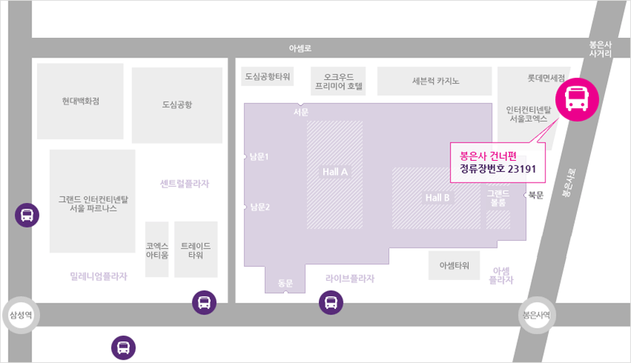 봉은사 건너편 | 23191 정류장에서 오는 지도