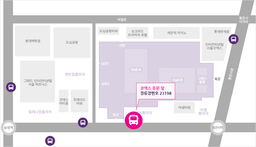 코엑스 동문 앞 - 23198 정류장에서 오는 지도