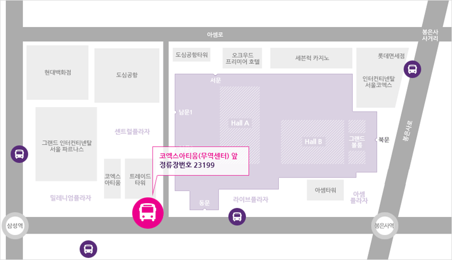 코엑스아티움(무역센터) 앞 - 23199 정류장에서 오는 지도